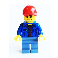 cty546 Blue Jacket over Dark Red V-Neck Sweater, Sand Blue Legs, Red Cap with Hole, Smirk and Stubble Beard 
